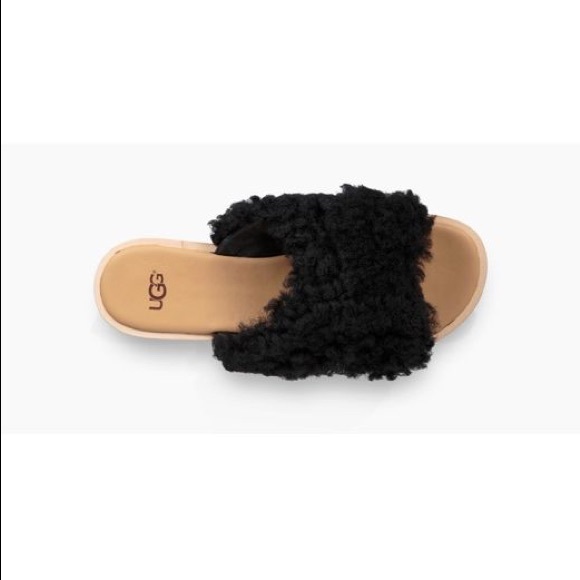 UGG - Joni Black Shaggy Cross Strap Slides - Black - Picture 2 of 4